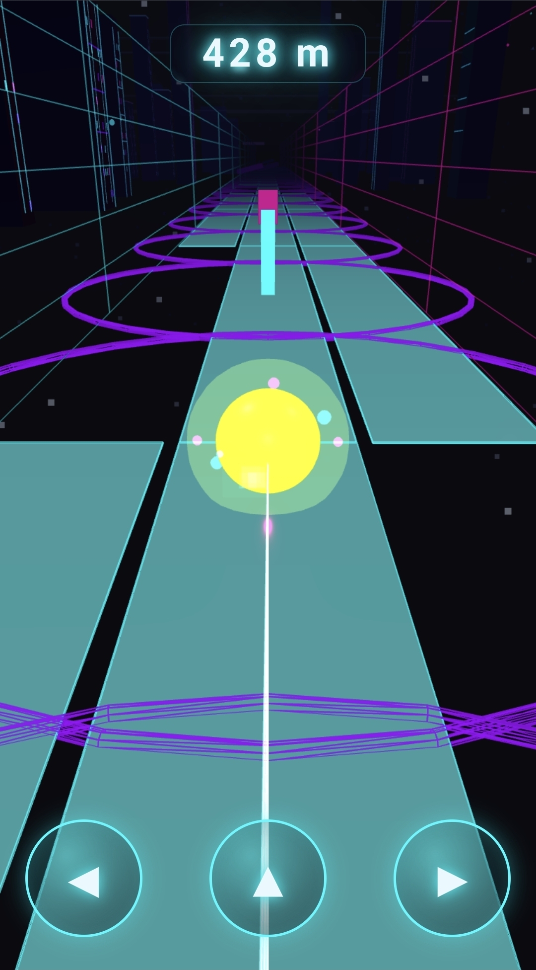 Neon Drift synthwave endless runner gameplay screenshot showing the player drifting on an infinite neon grid road at high speed