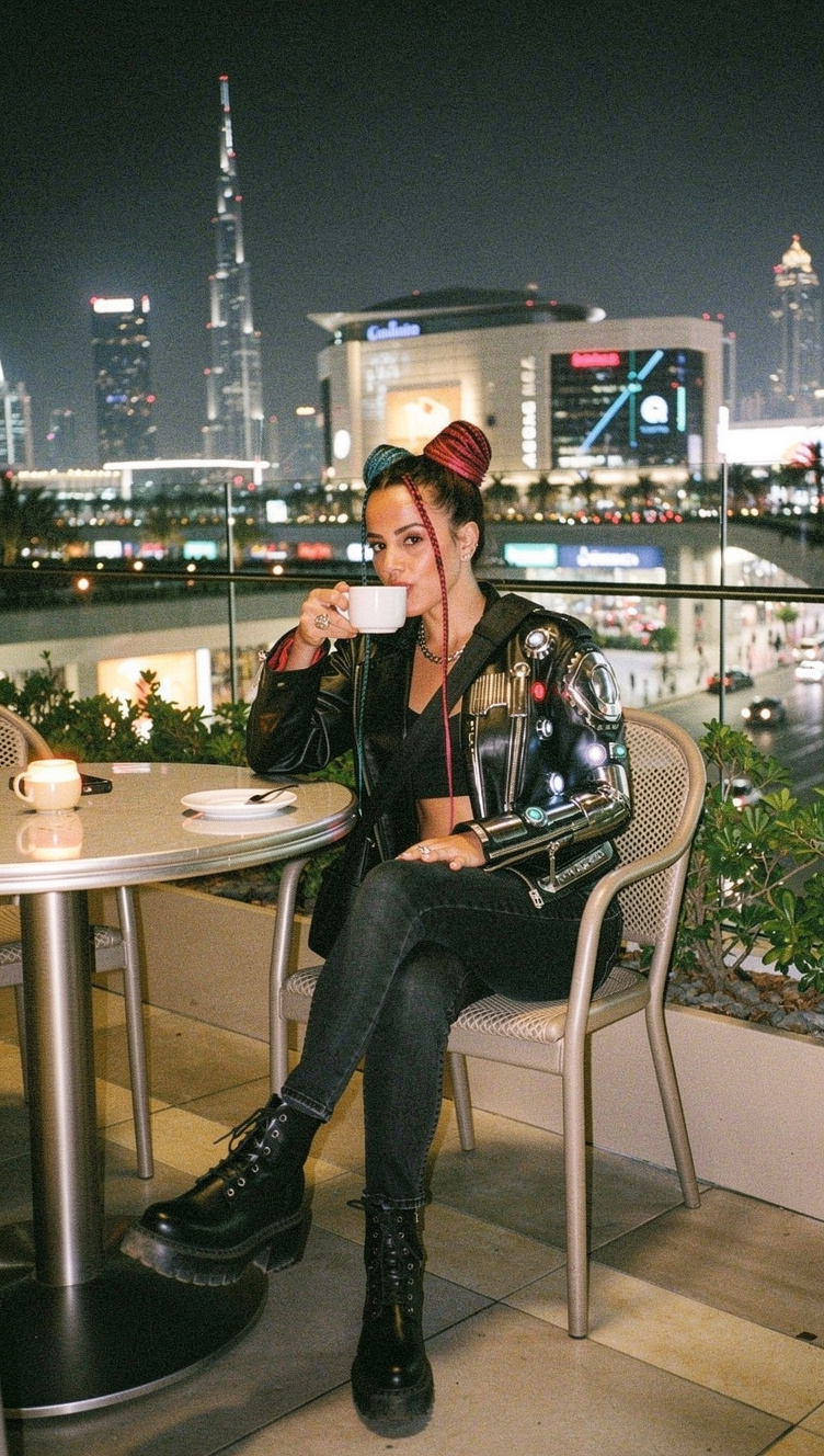 Same AI character having coffee on a terrace