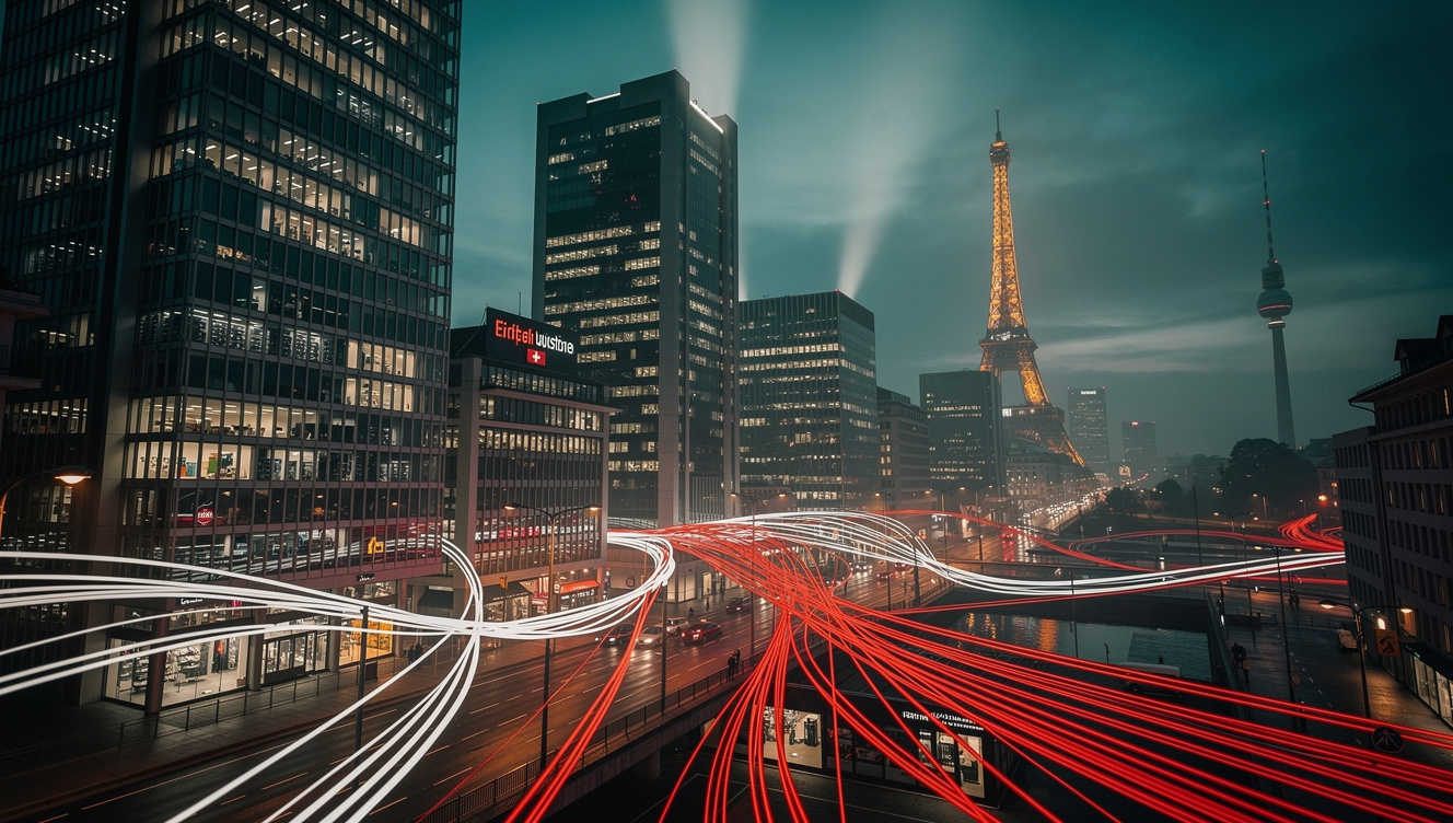 Conceptual dark cinematic representation of Switzerland's tech scene and data innovation ecosystem.