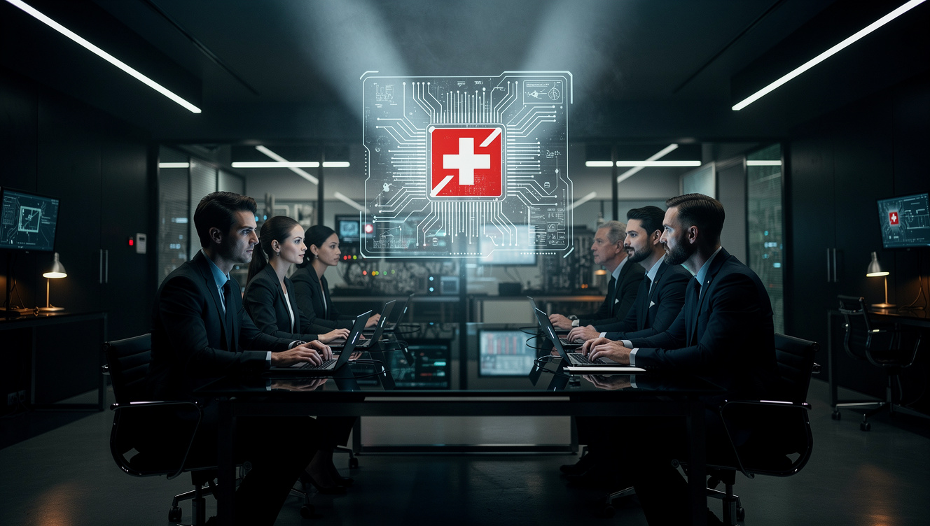 Dark cinematic photo of EPFL researchers developing deep tech solutions in Lausanne, Switzerland.