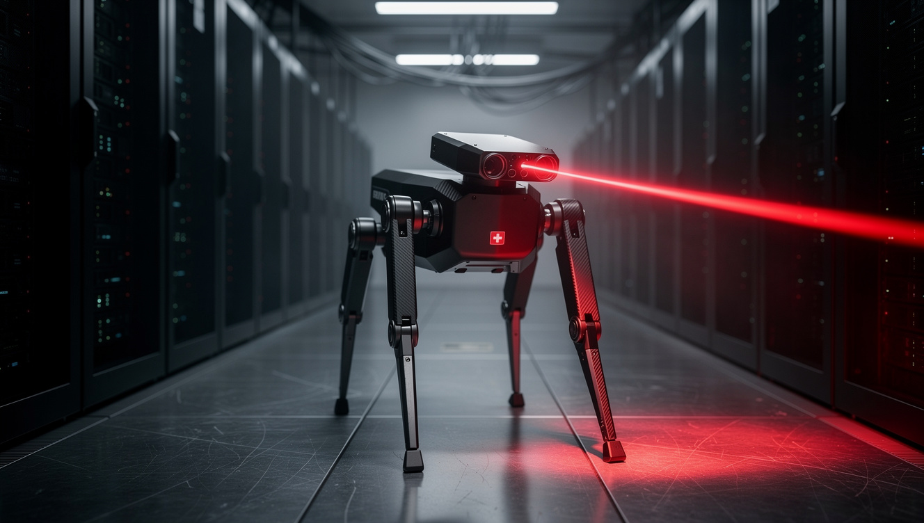 Hyper-realistic dark cinematic autonomous legged robot inspecting an industrial facility in Switzerland.