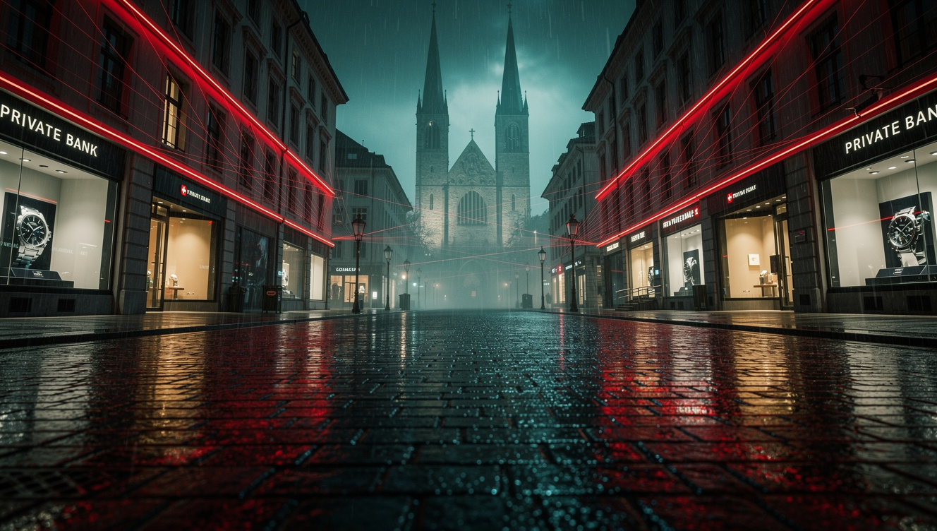 Dark cinematic view of Zurich representing Swiss private banking and secure AI technology