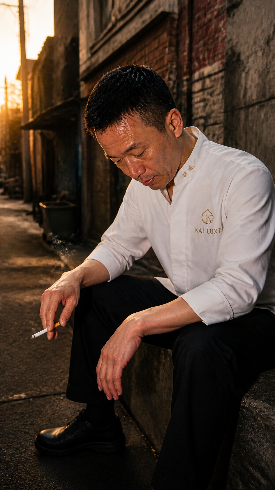 Candid unposed moment of the chef outside the restaurant