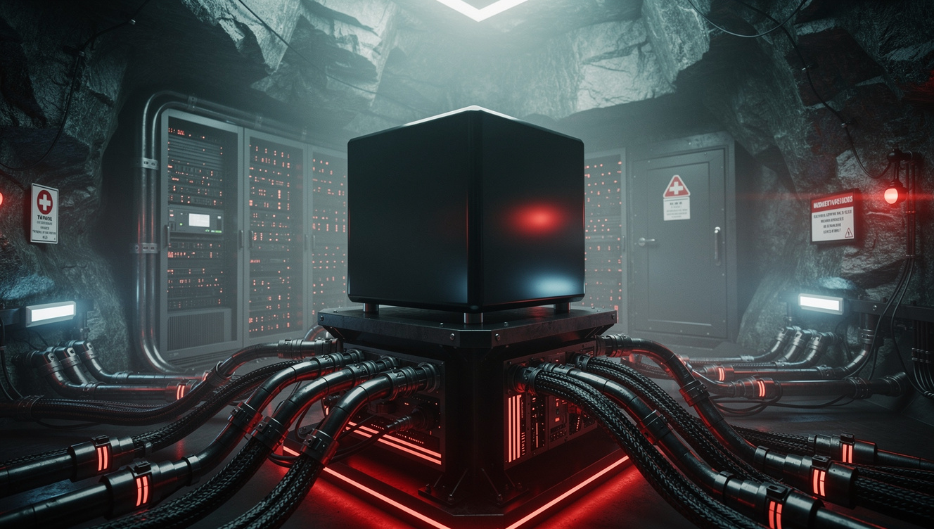 Dark cinematic conceptual visualization of Sovereign AI servers processing private wealth data securely