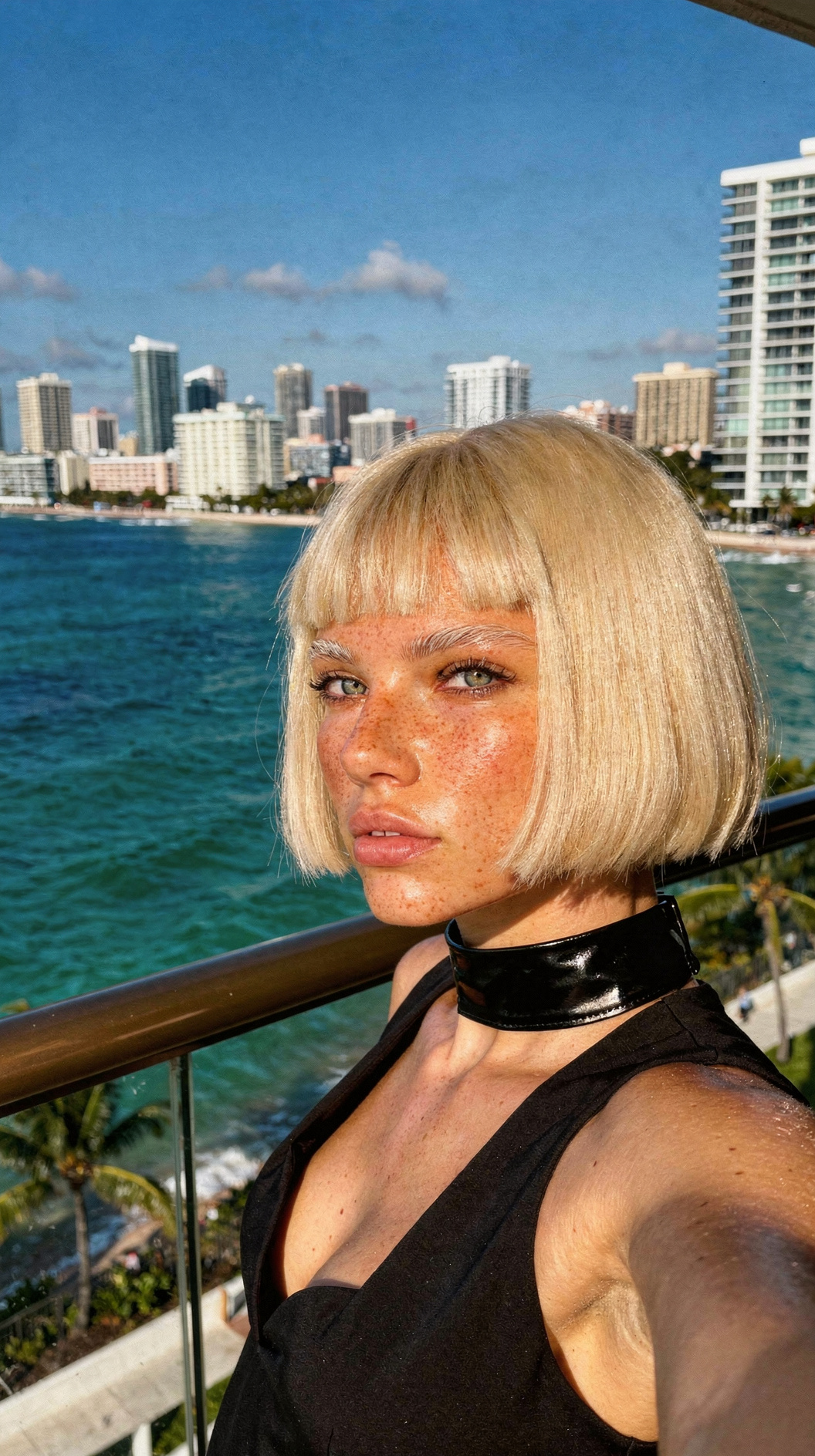 Same AI character on balcony photorealistic AI generator Veeb Vision