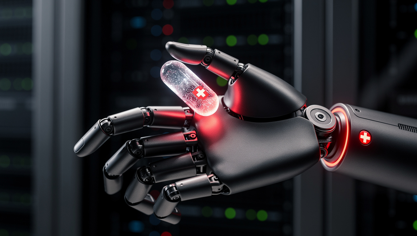 Extreme close up of advanced robotics and pharma AI integration representing Swiss deep tech.
