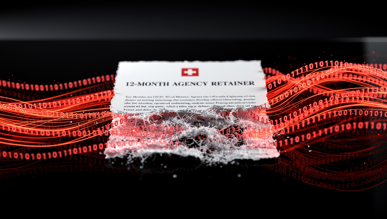 Abstract macro visualization of AI marketing agents processing SEO data to replace traditional Swiss digital agencies.