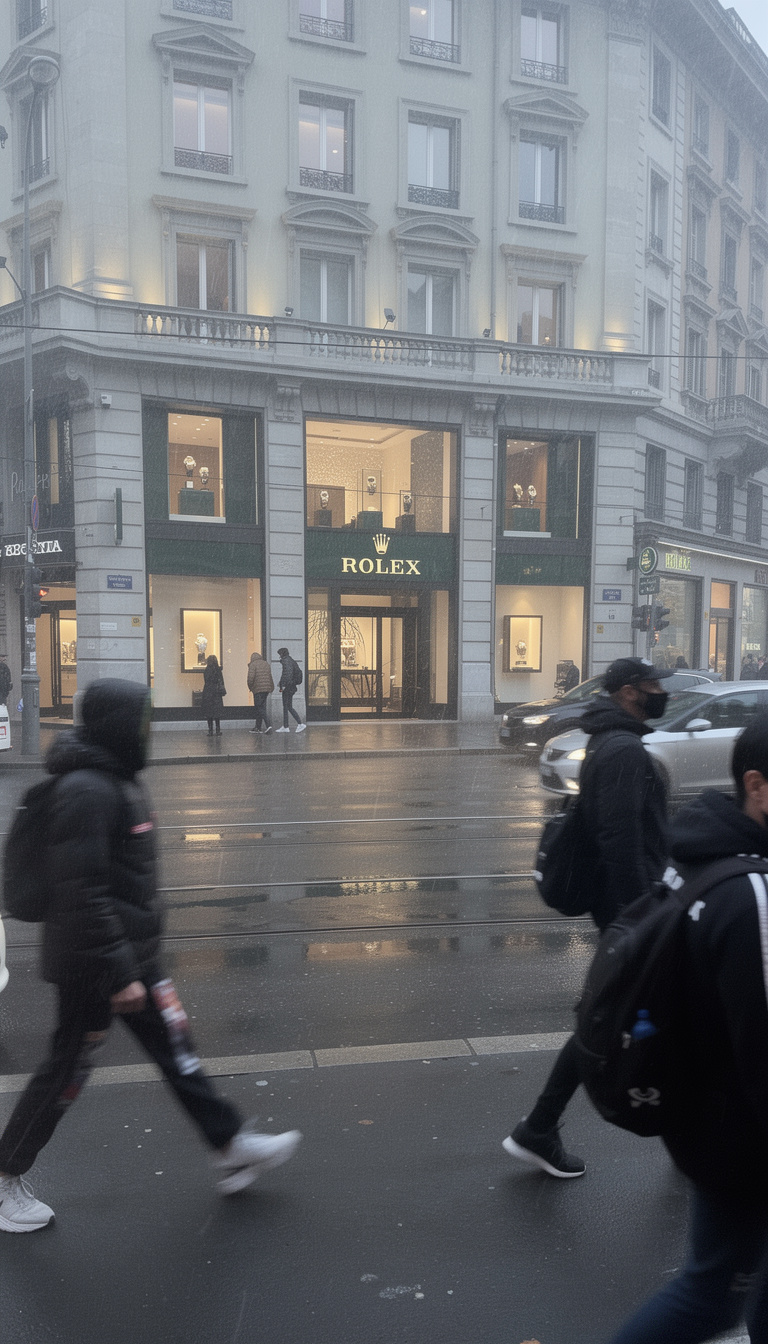 Rolex store in a Swiss street, symbolizing the transition from traditional Swiss precision to cutting-edge enterprise AI.