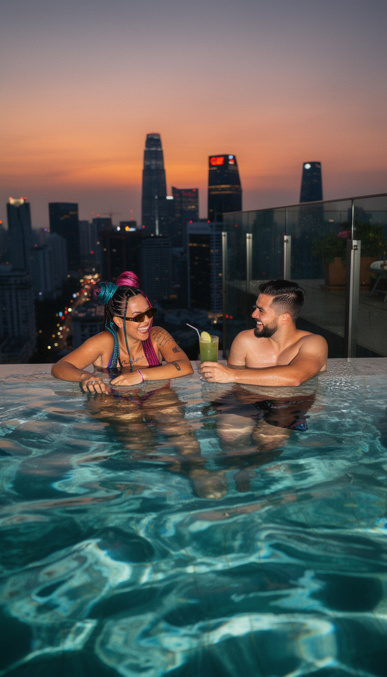 Consistent AI character luxury pool scene