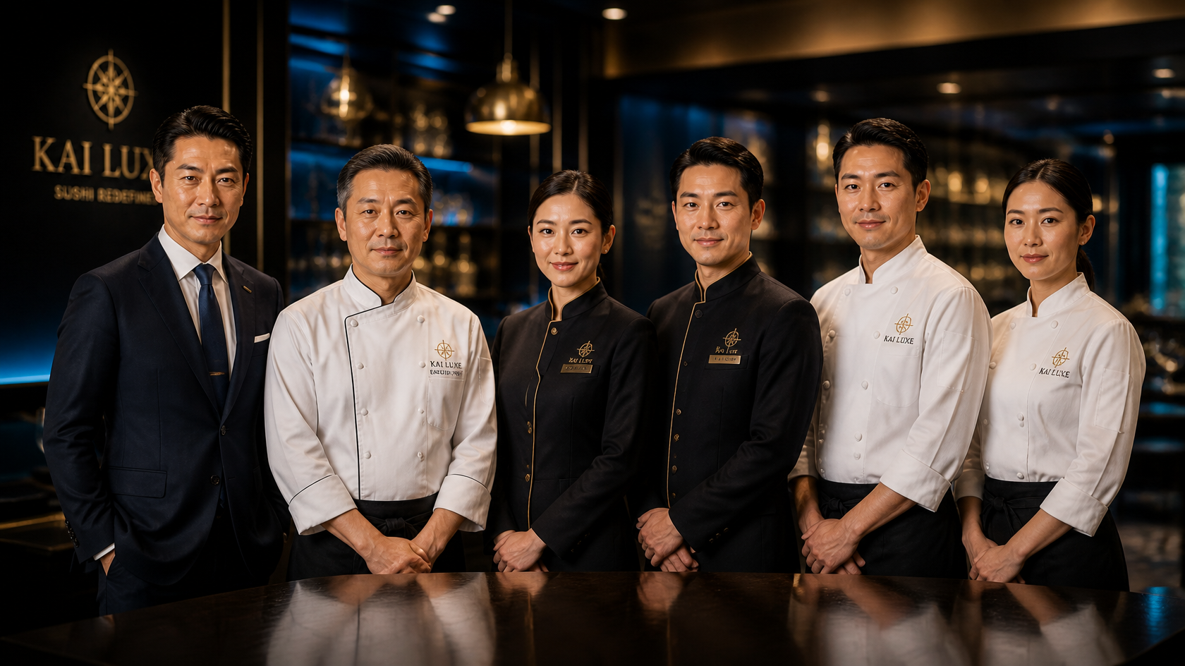 Kai Luxe CEO in branded restaurant setting, same character reference