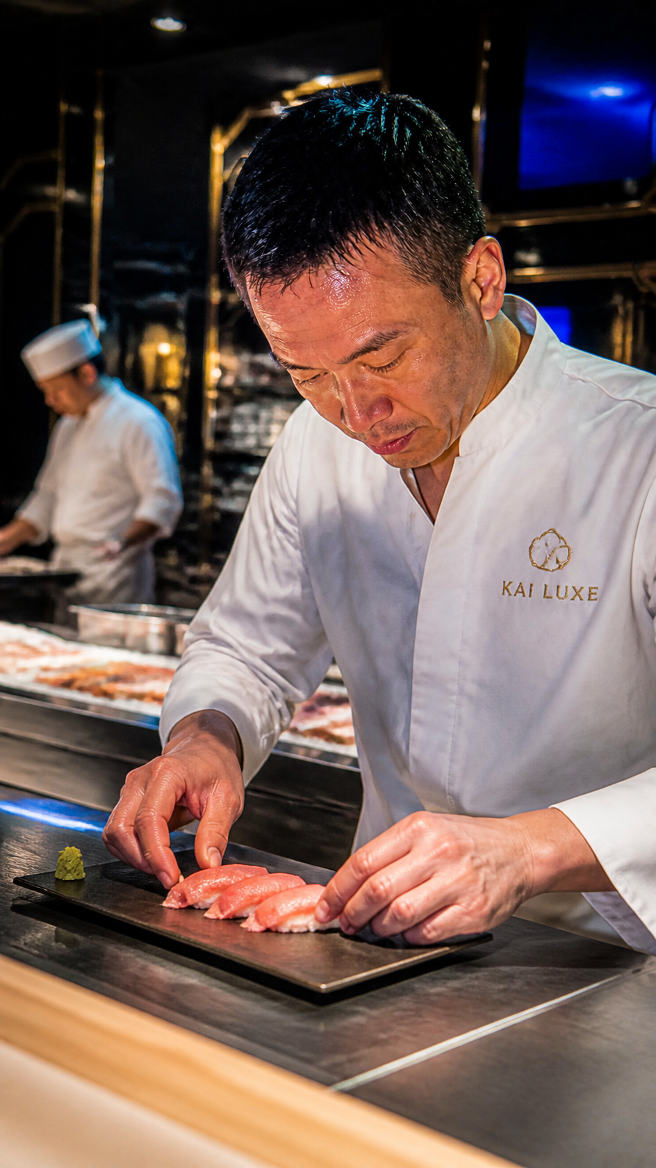 Chef plating dish, candid style