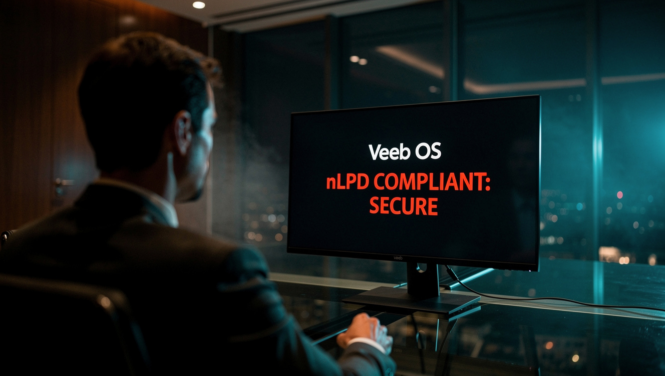 Over the shoulder shot of a Swiss executive using an nLPD compliant secure AI interface on a laptop