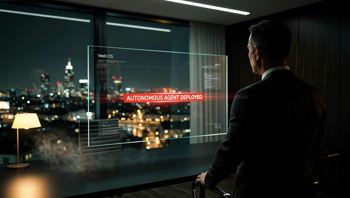Over the shoulder shot of a Swiss CMO using a dark interface Veeb AI SEO agent to generate high-ranking content.